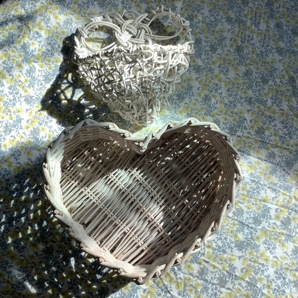 Two Vintage Cottagecore White Wicker Woven Heart Shaped Baskets